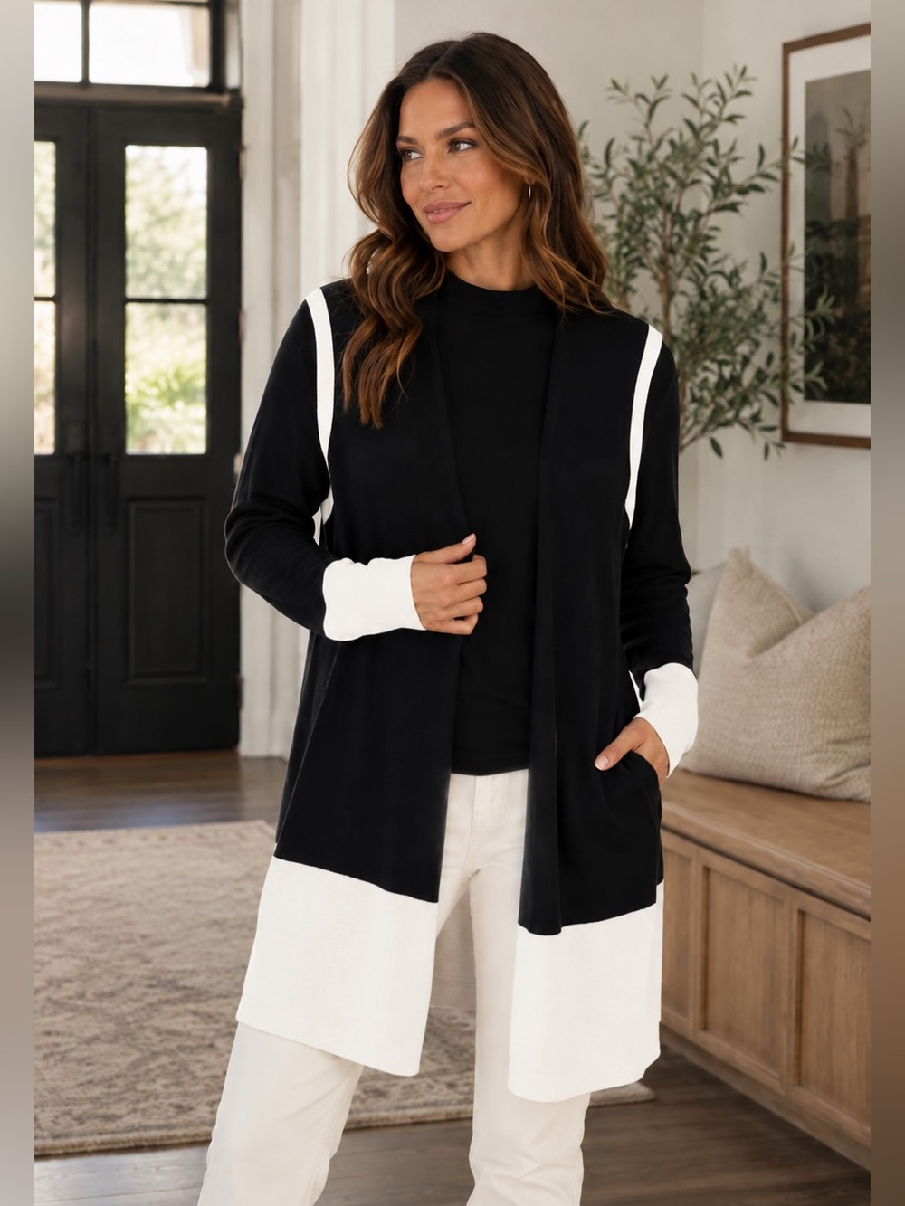 RAFAELLA HOLIDAY IN HAVANA SPORTSWEAR TWO TONED CARDIGAN SWEATER BLACK WHITE L